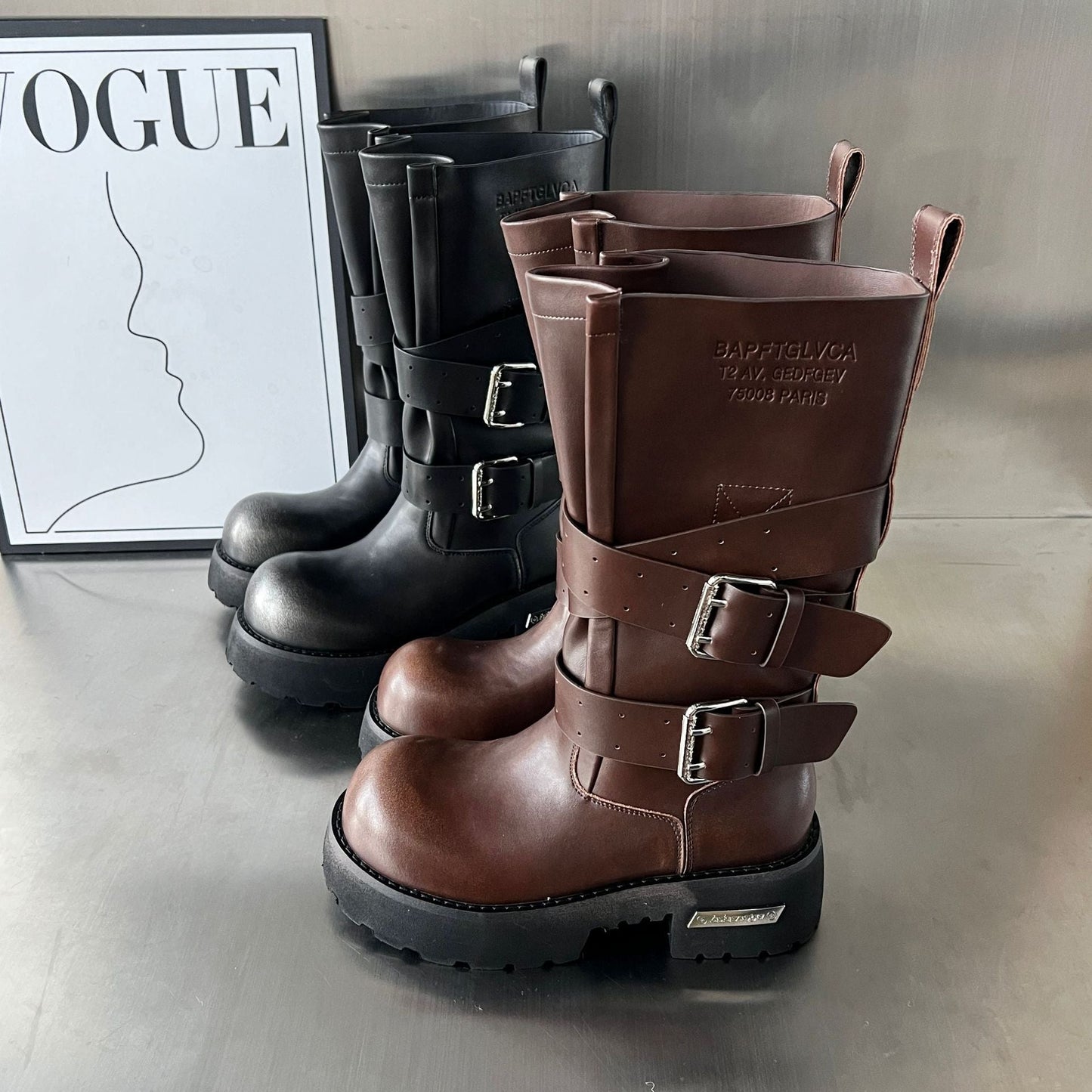 Damen Biker-Stiefel Robust Schnalle Verstellbar Schwarz Lederschuhe