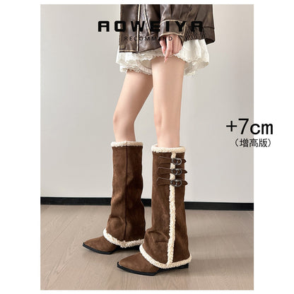 Damen Stiefel Hoch mit Kunstfellkragen Schnürfront Winter