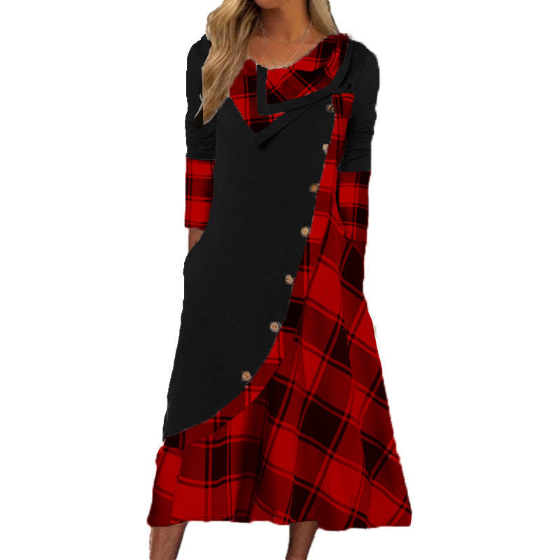 Langarmkleid mit Plaid Muster und Knopfverschluss