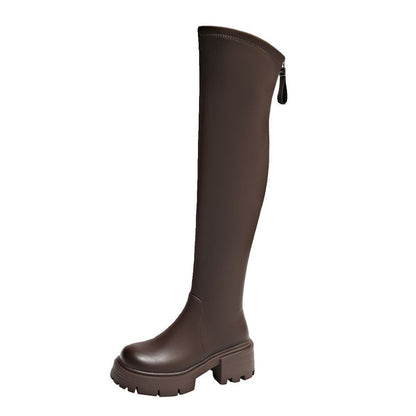 Damen Overknee Stiefel Robust Blockabsatz Elastisch