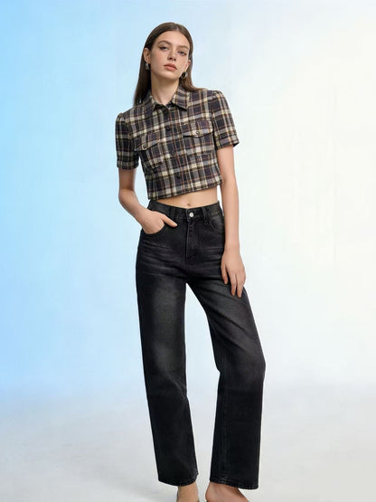 Damen High-Waist Jeans Weite Bein Slim Fit
