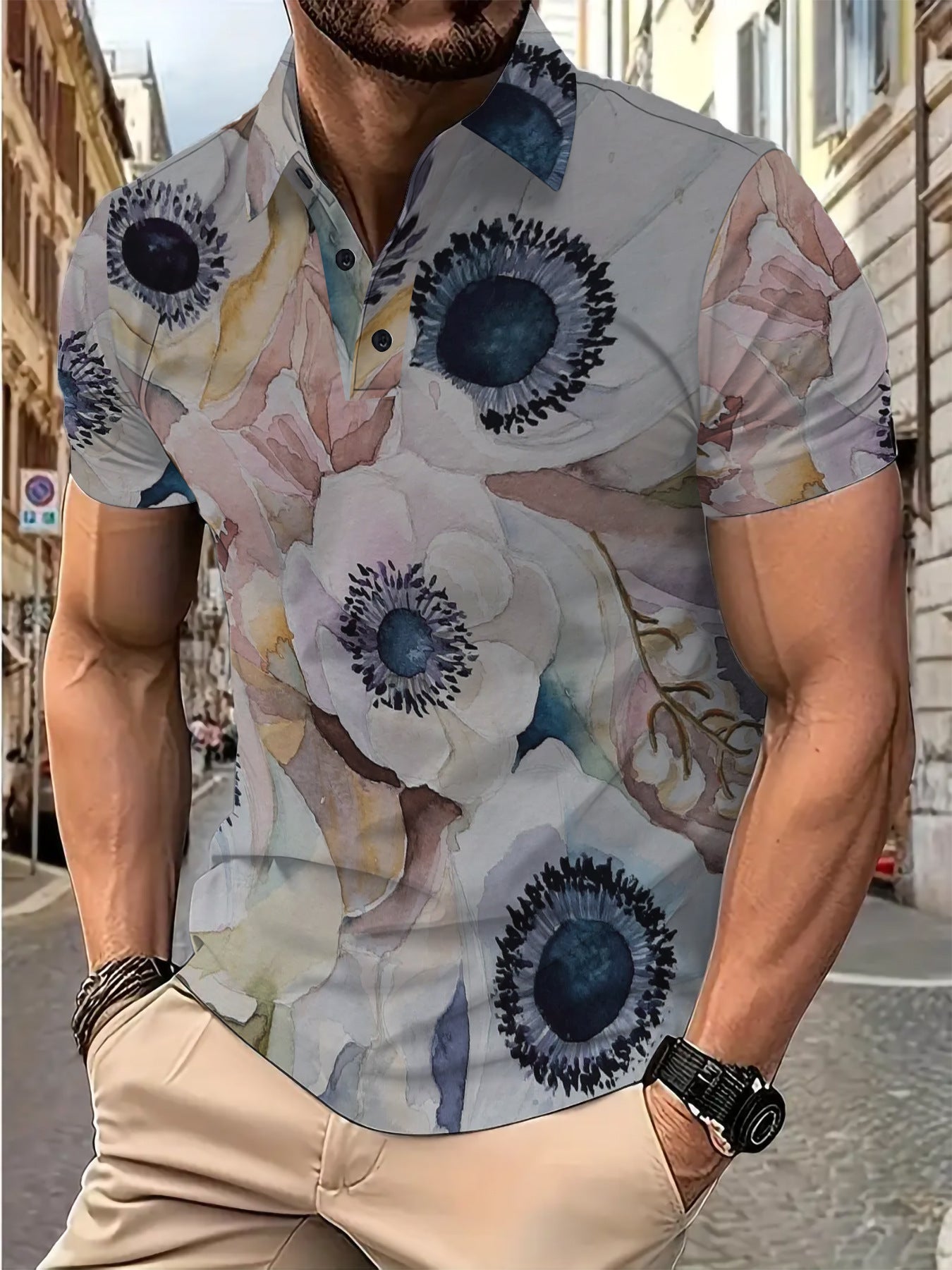 Herren Poloshirt Kurzarm Modern Floralmuster Sommerrichtig