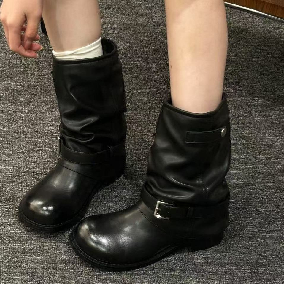 Damen Lederstiefel Schnalle Schwarz Modisch