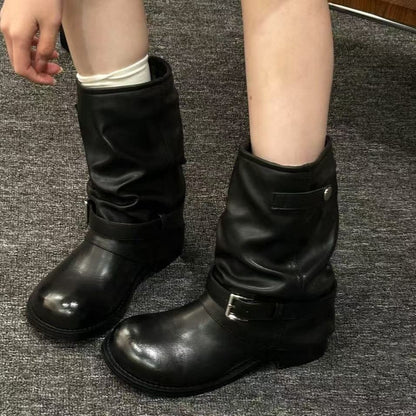 Damen Lederstiefel Schnalle Schwarz Modisch