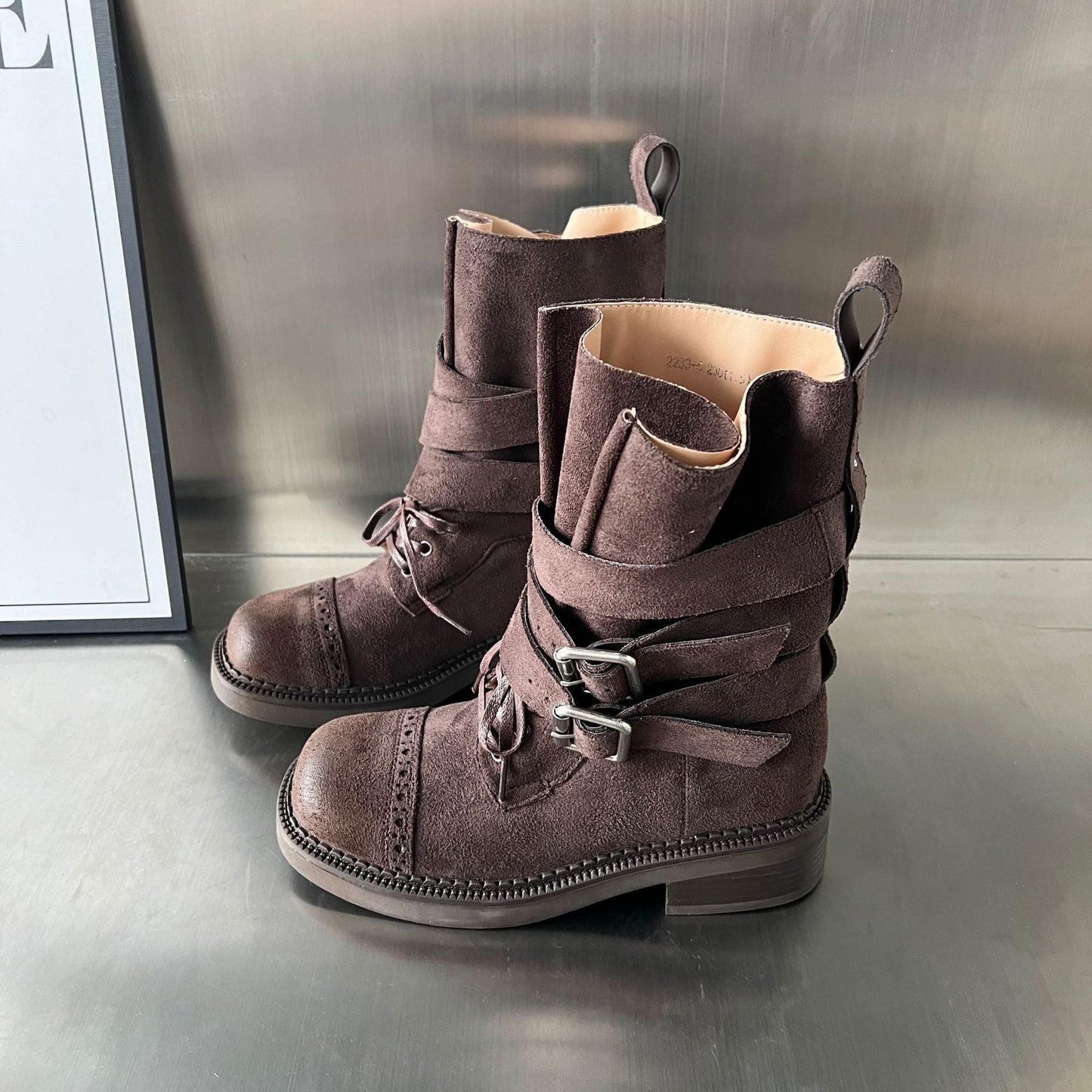 Damen Stiefel Elegante Schnalle Riemen Verstellbar Schwarz