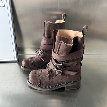 Damen Stiefel Elegante Schnalle Riemen Verstellbar Schwarz