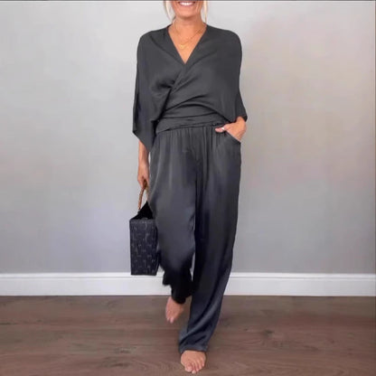 Damen Hosenanzug Elegant Bequem Satin Schwarz