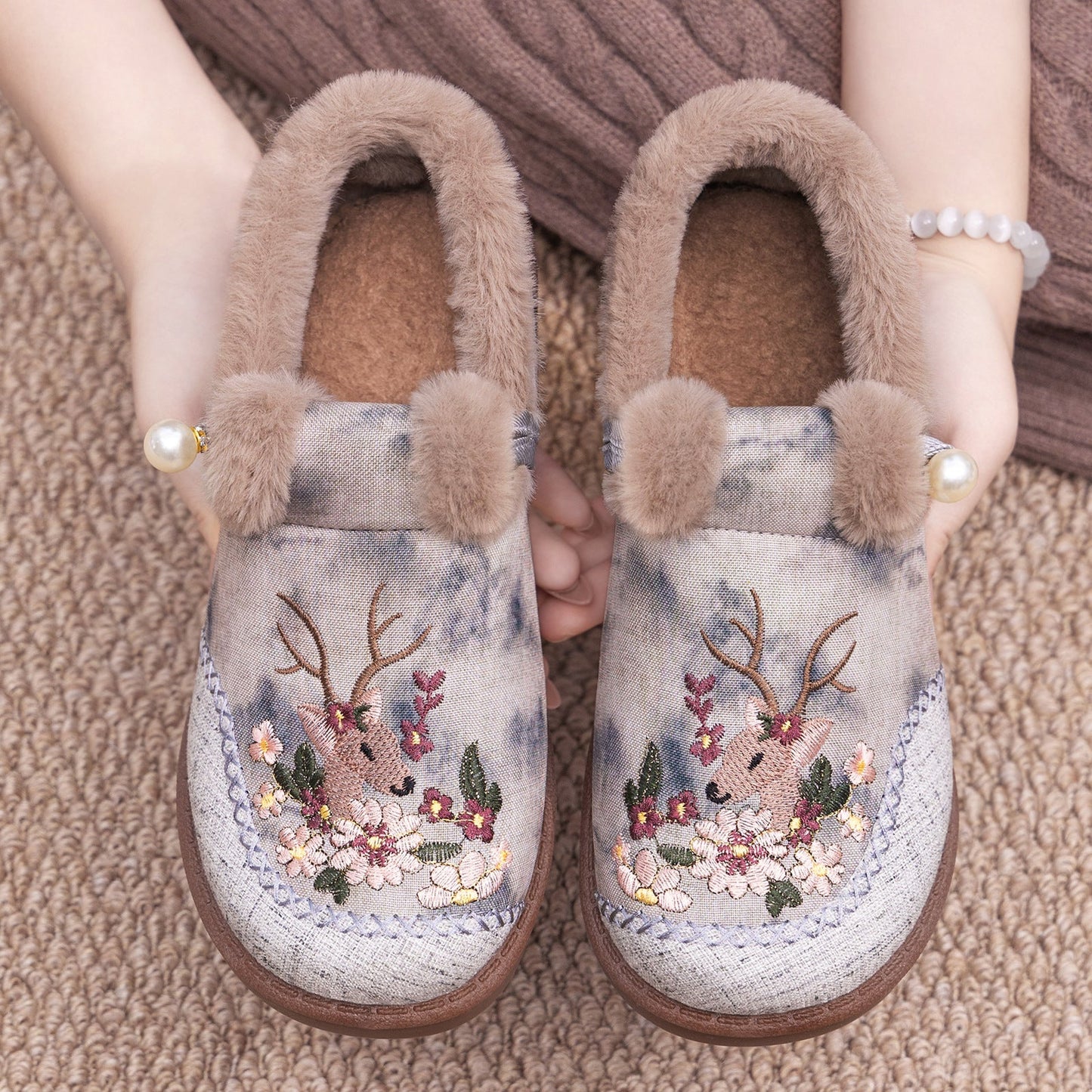 Damen Hausschuhe Kuschelig Warm mit Stickdesign