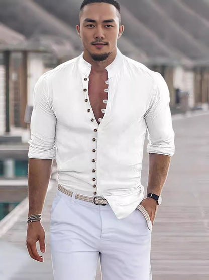 Herren Langarmhemd Modern mit Knopfleiste Stehkragen - BerlinGlamour