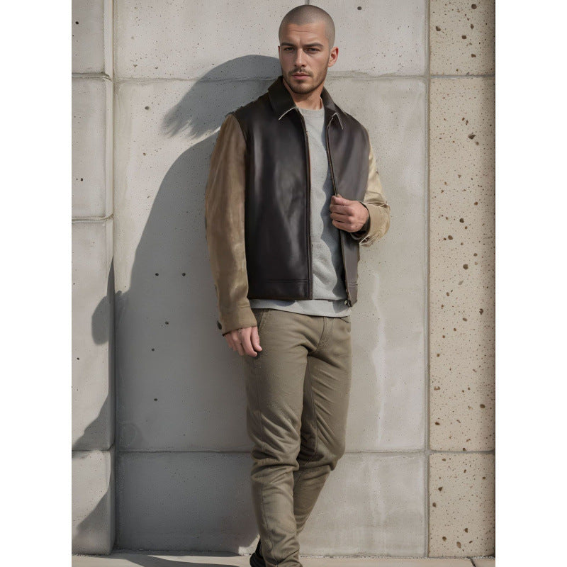 Lederjacke Herren Modern mit Kontrastärmeln Schwarz Ledermantel