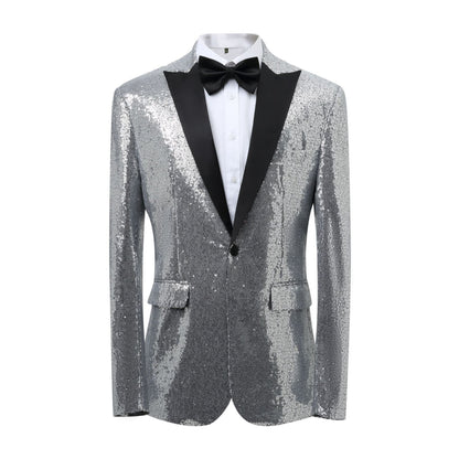 Herren Blazer Glänzend Pailletten Elegant Schwarzer Anzugsmantel