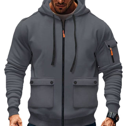 Modische Herren Kapuzenjacke Reißverschluss Taschen Schwarz