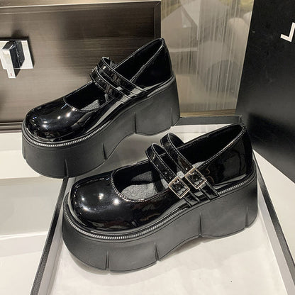 Damen Plattform Ballerinas Hoch mit Doppelriemen Glänzend