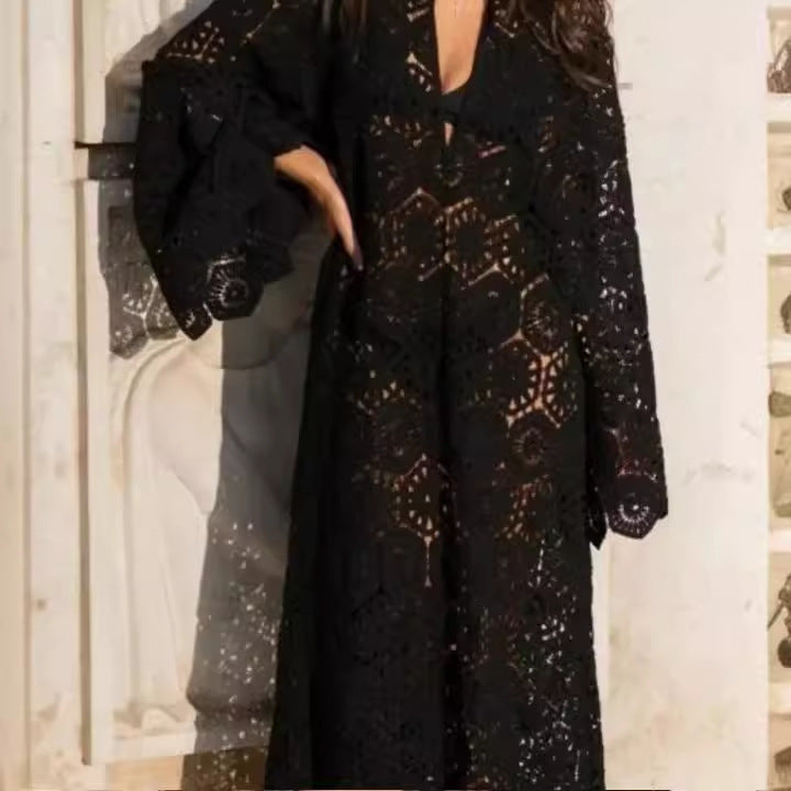 Damen Häkelkleid Luftig mit Weiten Ärmeln Sommerkleid