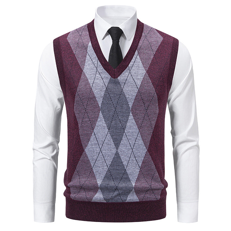 Herren Pullover V-Ausschnitt Strick mit Rautenmuster Elegant