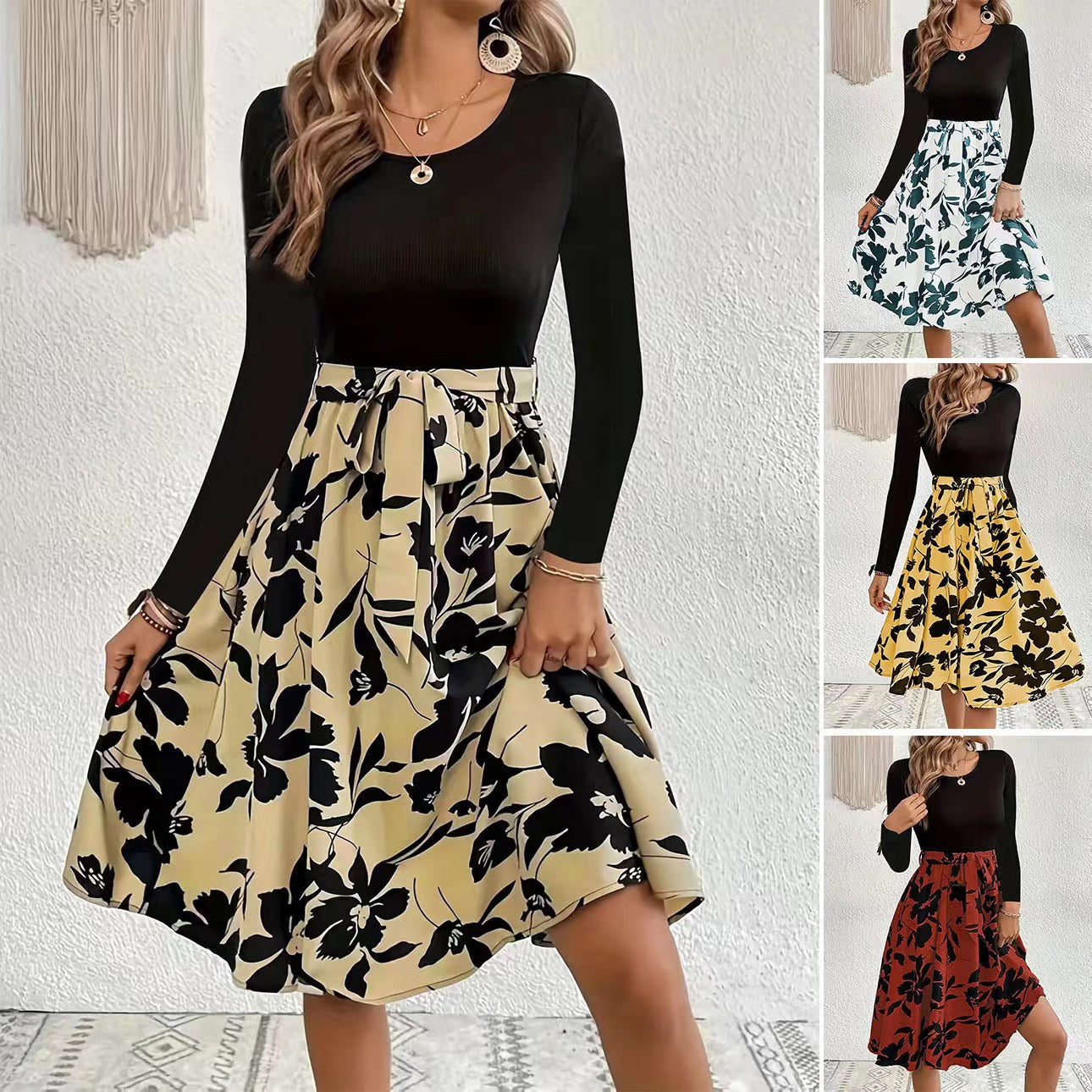 Damenkleid Elegantes Midikleid Floral Gesmoktes Oberteil Damenmode - BerlinGlamour