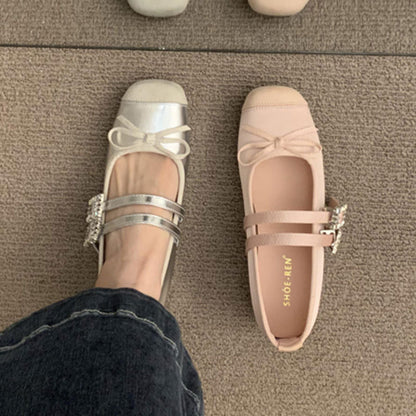 Damen Ballerinas Doppelriemen Schleifendetail Elegant