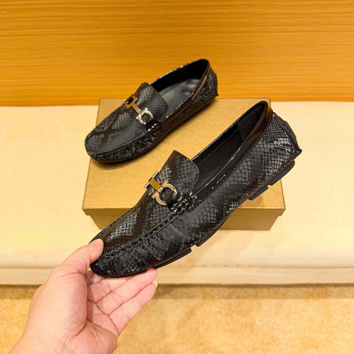 Herren Mokassin Schlangenleder Elegant Metallverschluss