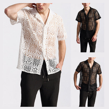 Herren Spitzenhemd Kurzarm Floralmuster Durchbrochen