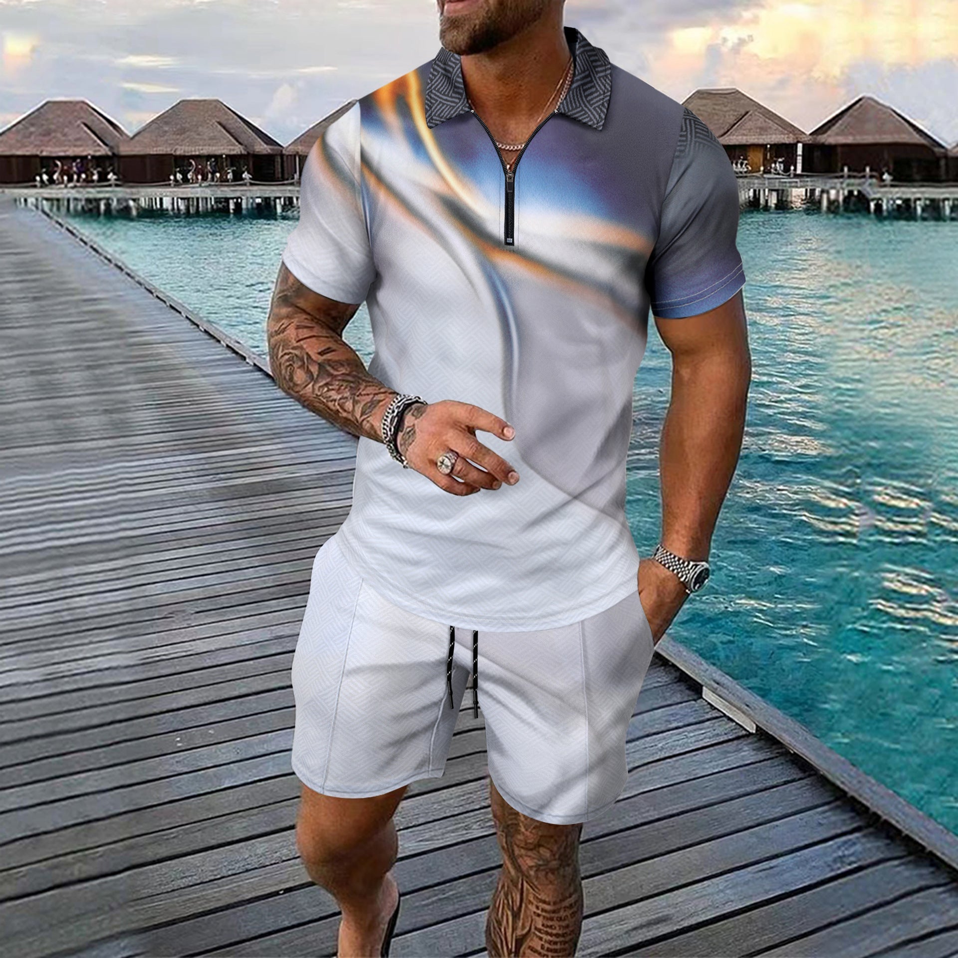 Herren Jumpsuit Kurzarm Modern Geometrisches Muster - BerlinGlamour