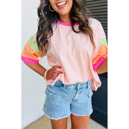 Damen T-Shirt Bunte Ärmel Lässig Modern