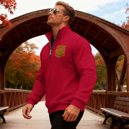 Herren Fleecepullover Mit Reißverschluss und Brusttasche Warm