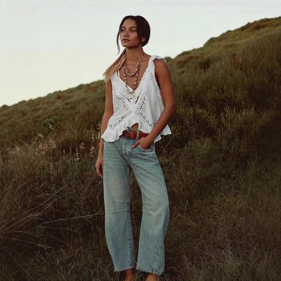 Damen Jeans Hochtailliert Weite Bequem