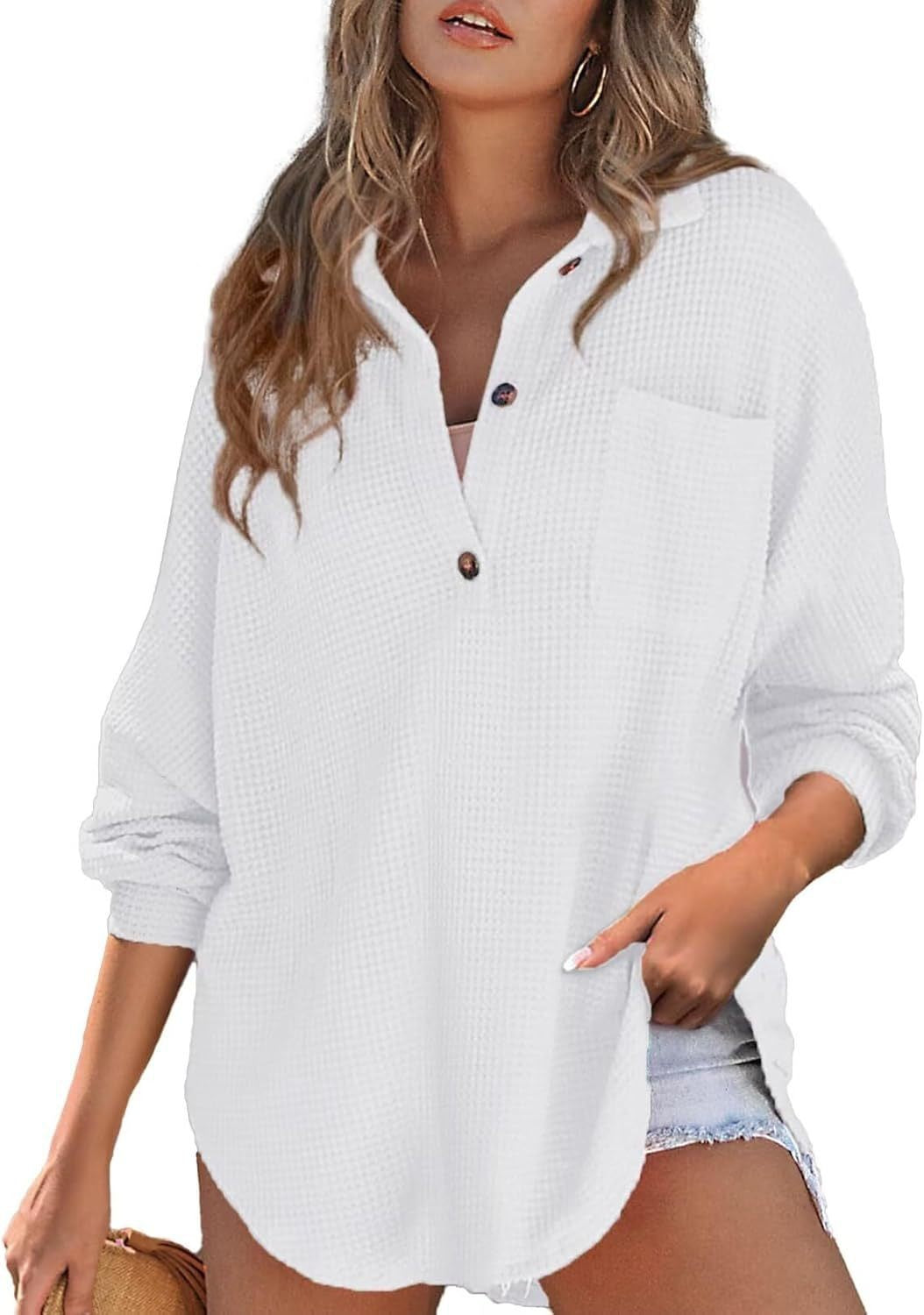 Damen Oversized Hemd aus Baumwoll mit Brusttasche und Knöpfen