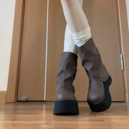 Damen Stiefel Plateau Moderne Riemen Design Reißverschluss