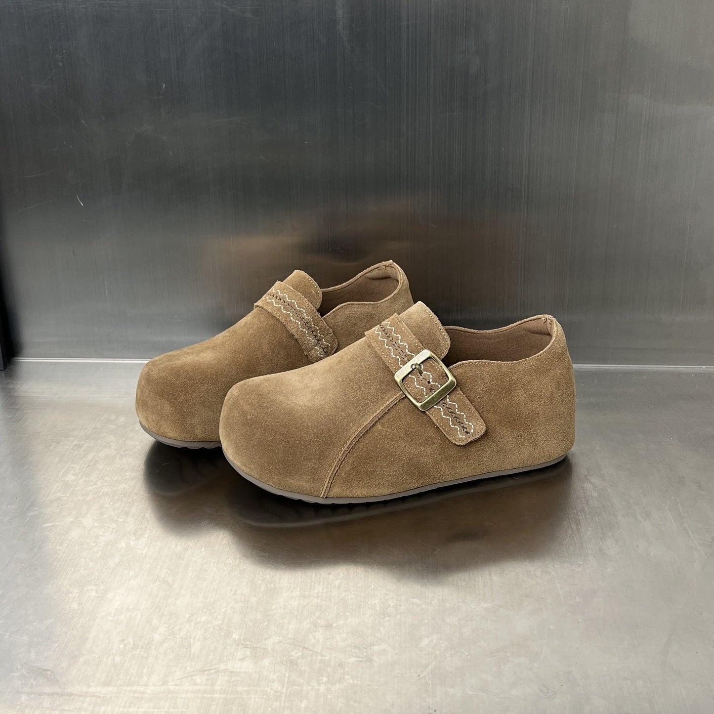 Damen Clogs Wildleder Braun Schnallenverschluss Comfort