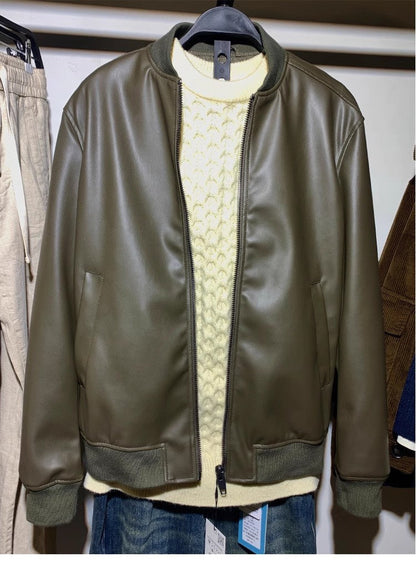 Herren Lederjacke Bikerstil Schwarz mit Taschen