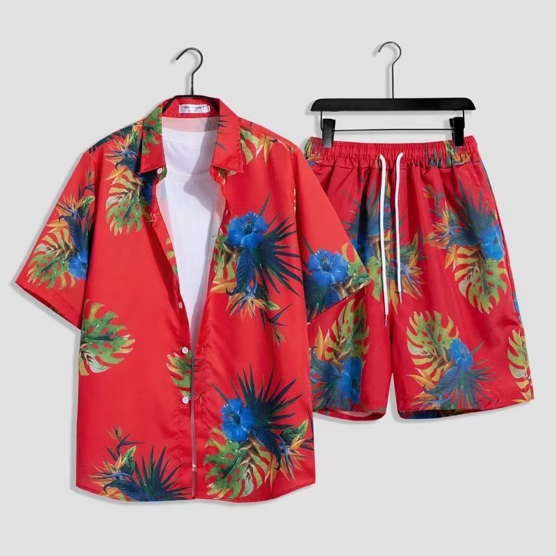 Herren Sommer Set Kurzarm Hemd Badeshorts Tropisches Muster