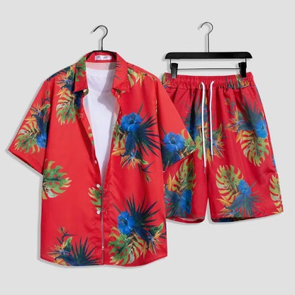 Herren Sommer Set Kurzarm Hemd Badeshorts Tropisches Muster