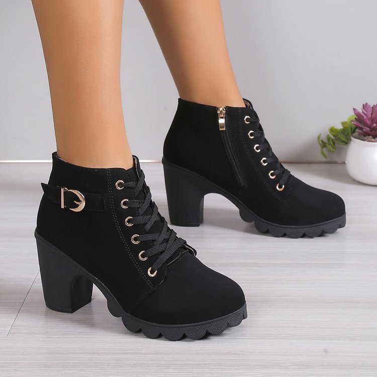Damen Stiefeletten Blockabsatz Schnürstiefelette Reißverschluss