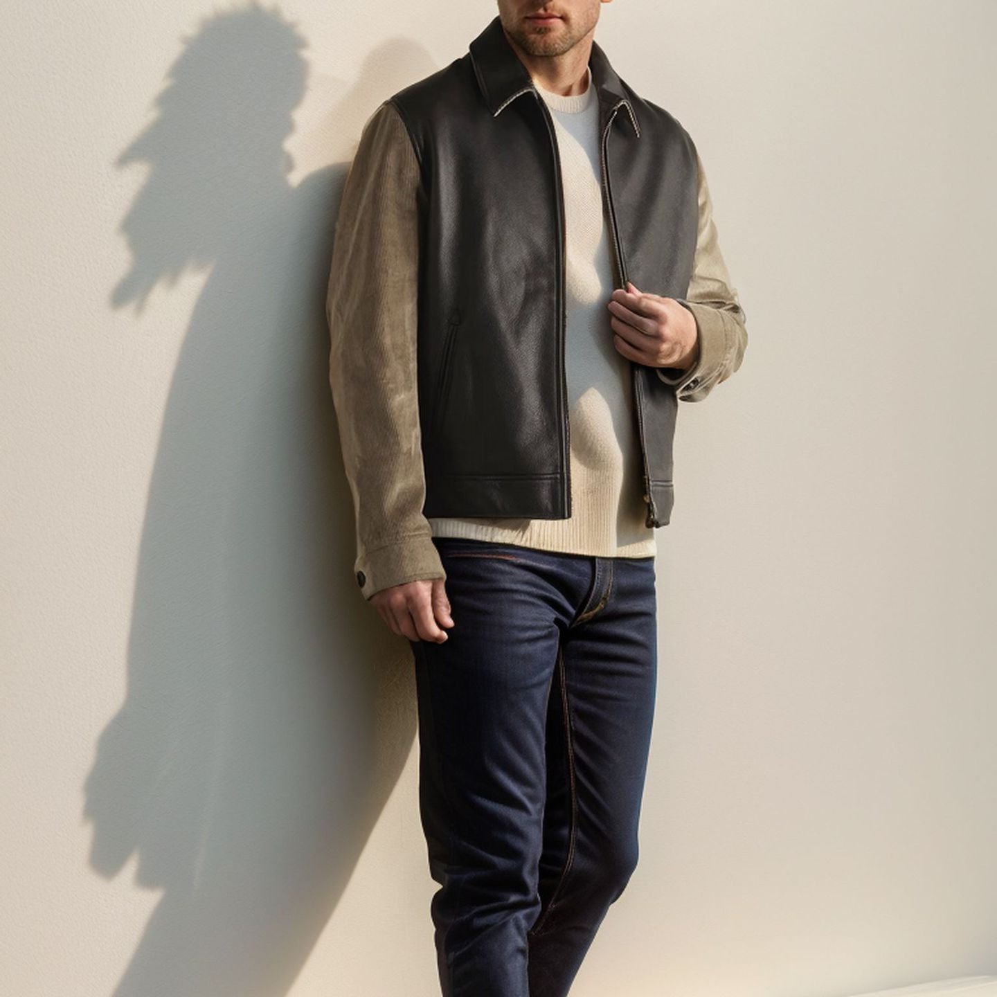 Lederjacke Herren Modern mit Kontrastärmeln Schwarz Ledermantel - BerlinGlamour