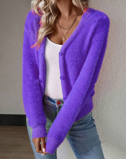 Damen Strickjacke Kuschelig V-Ausschnitt Mit Knöpfen