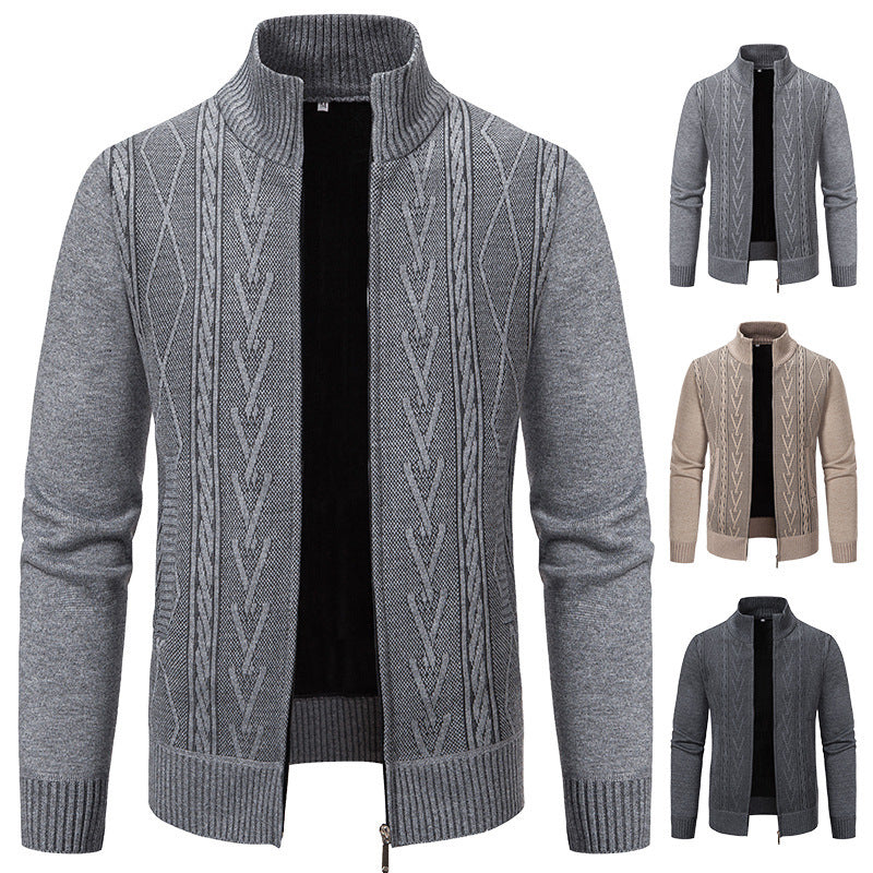 Herren Strickjacke Modern Zopfmuster Stehkragen Schwarz - BerlinGlamour
