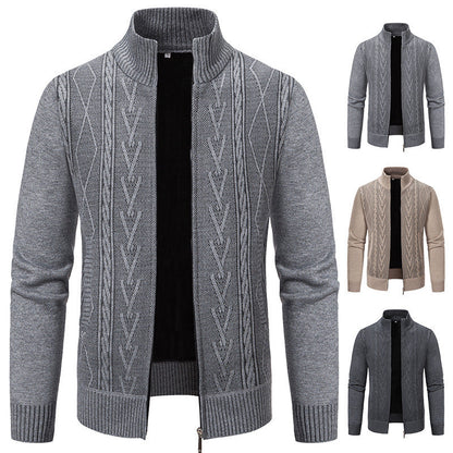 Herren Strickjacke Modern Zopfmuster Stehkragen Schwarz - BerlinGlamour