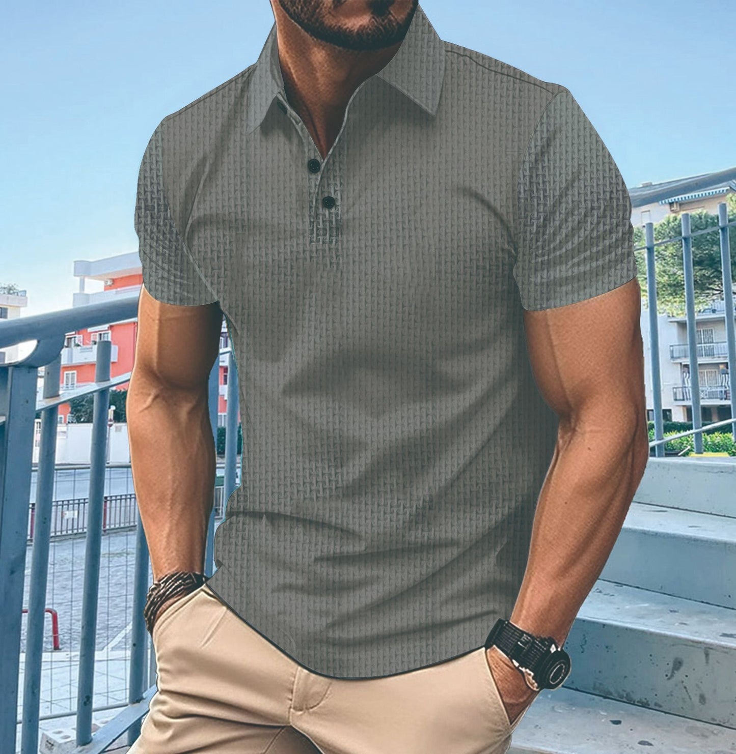 Herren T-Shirt Kurzarm Modern mit Knöpfen und Struktur