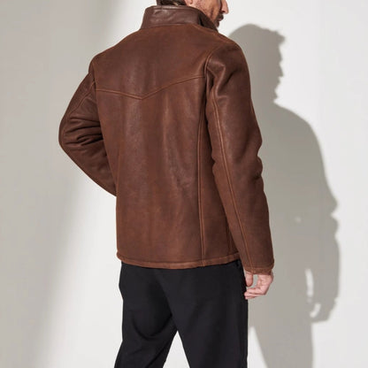 Herren Lederjacke Elegant Steppdesign Schwarz Ledermantel