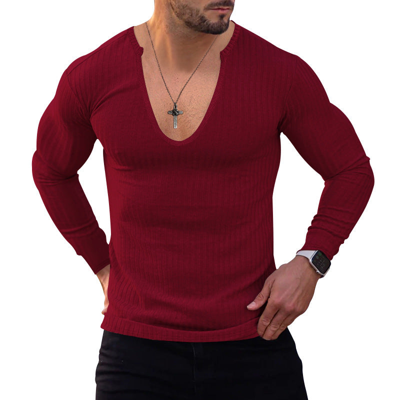Herren Langarmshirt V-Ausschnitt Feine Rippstruktur Modern