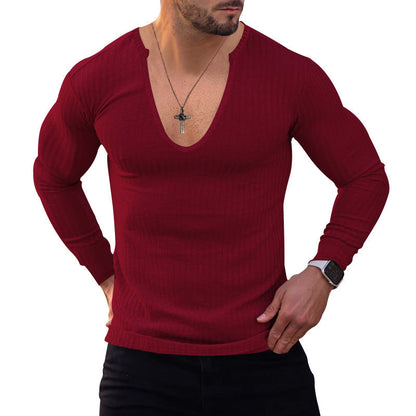 Herren Langarmshirt V-Ausschnitt Feine Rippstruktur Modern