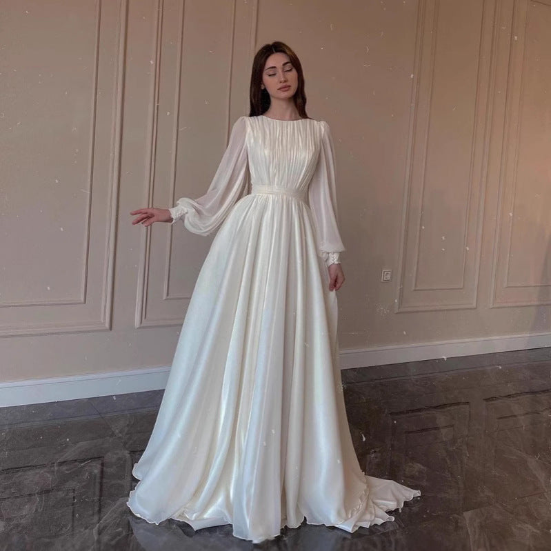 Hochzeitskleid Weißes Rundhalsausschnitt Lange Ärmel Durchsichtig