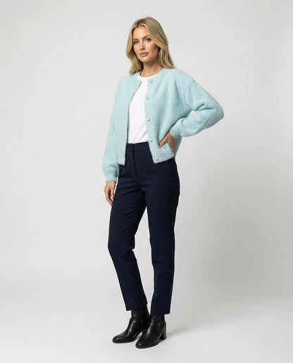 Damen Strickjacke Flauschig Angora Optik mit Perlenknöpfen