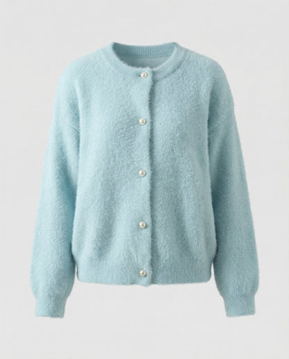Damen Strickjacke Flauschig Angora Optik mit Perlenknöpfen