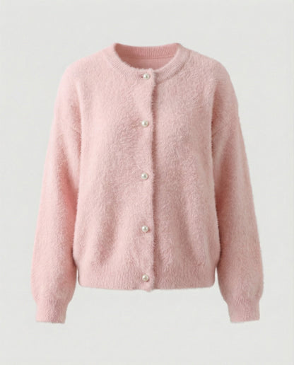 Damen Strickjacke Flauschig Angora Optik mit Perlenknöpfen