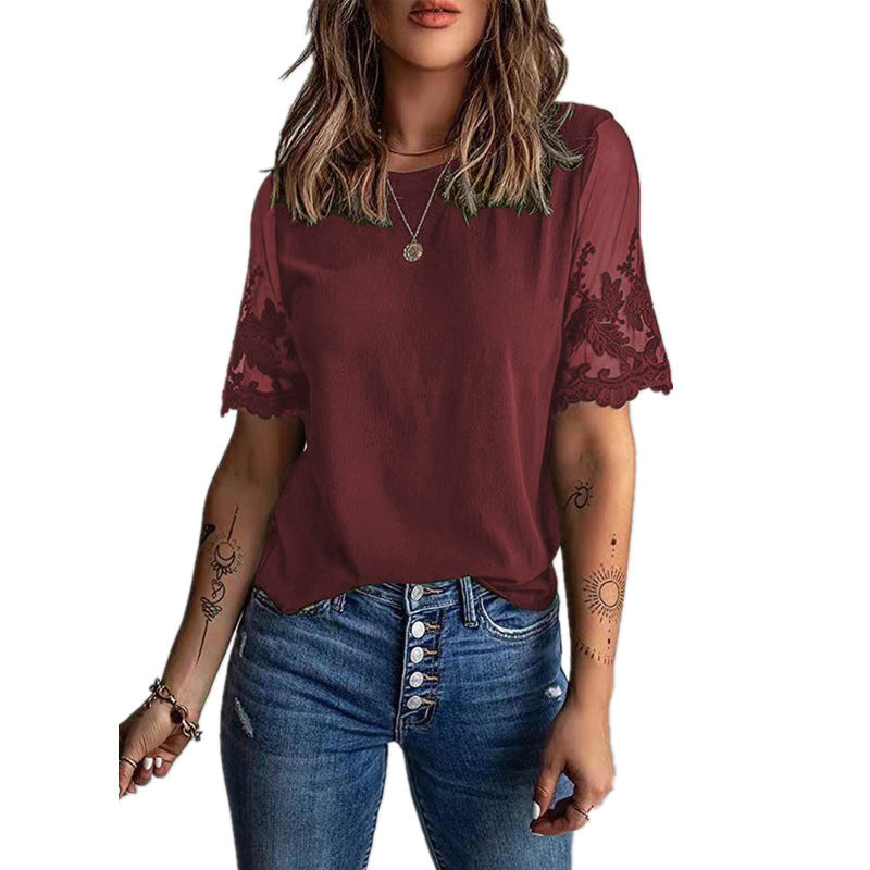 Damen T-Shirt Spitze Ärmel Elegantes Oberteil Modern
