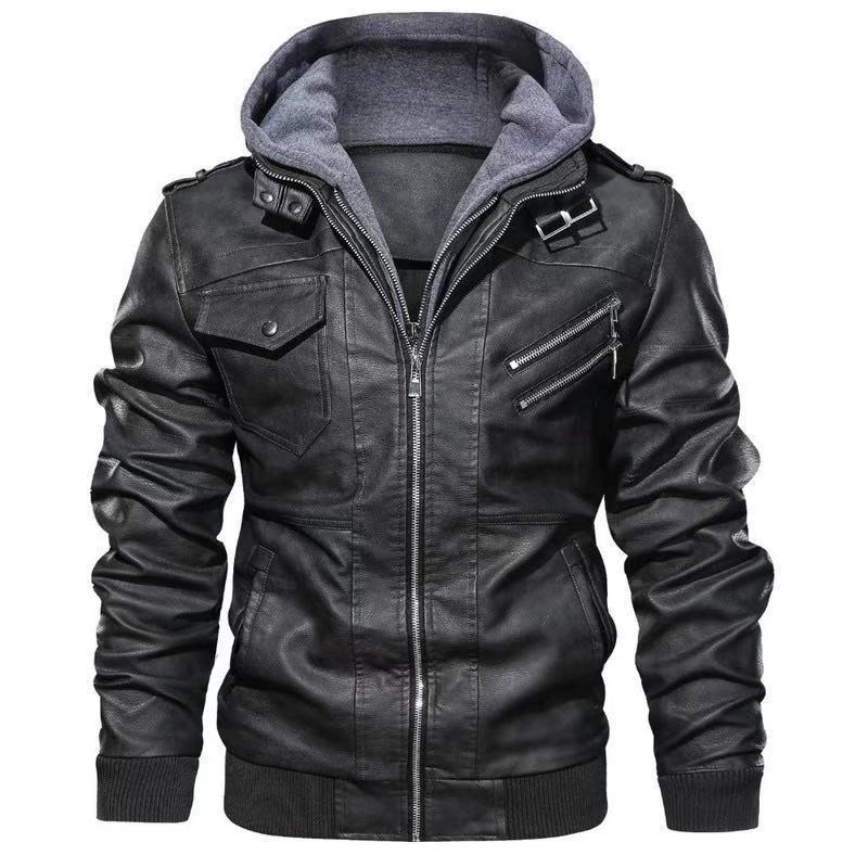 Herren Lederjacke Bikerstil mit Kapuze und Reißverschlusstaschen