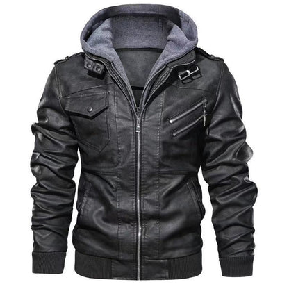 Herren Lederjacke Bikerstil mit Kapuze und Reißverschlusstaschen