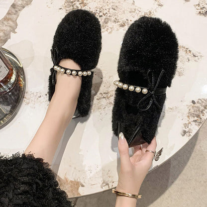 Damen Mokassins Flauschig mit Perlen Riemen Wintermode